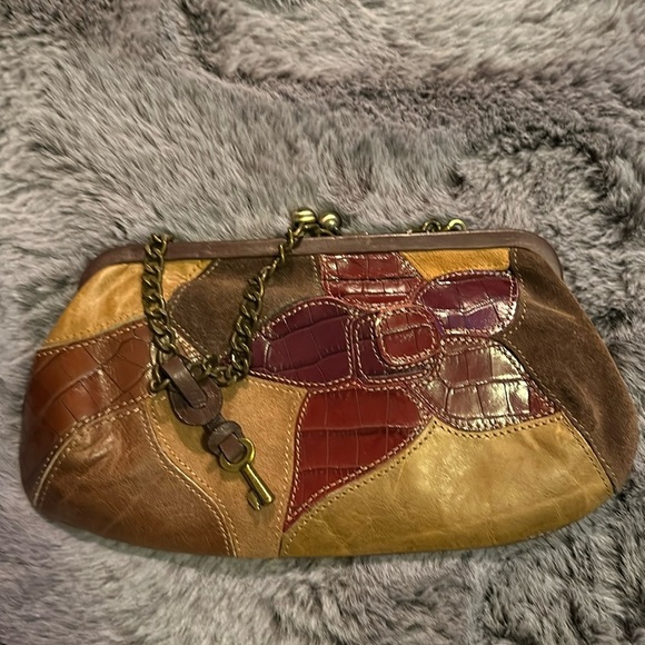 Fossil Brown Leather Patchwork Flower Wristlet Wallet Clutch Vintage - Picture 13 of 13